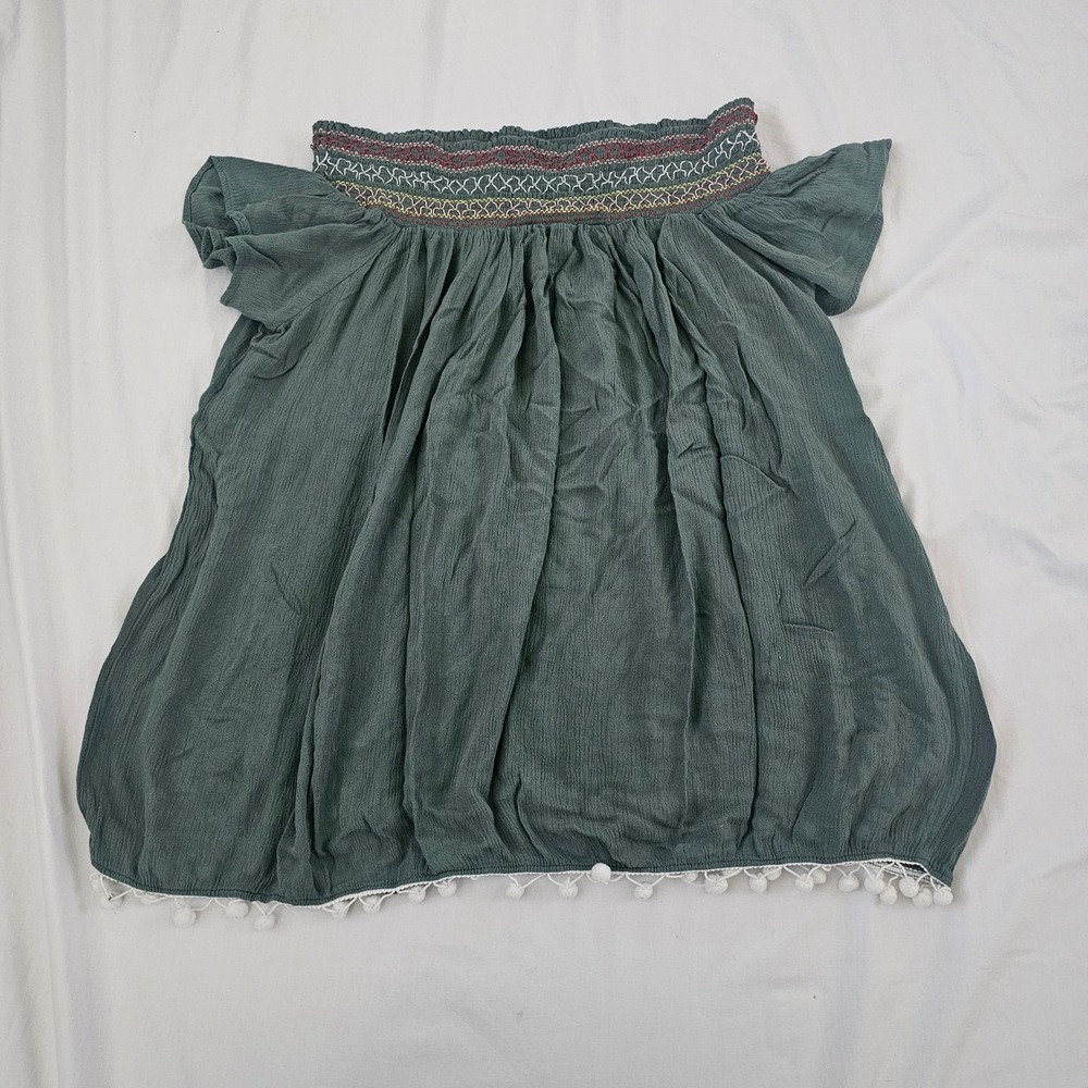 Angie Off The Shoulder Top Womens Large Green Boho Embroidered Pom Pom Y2K